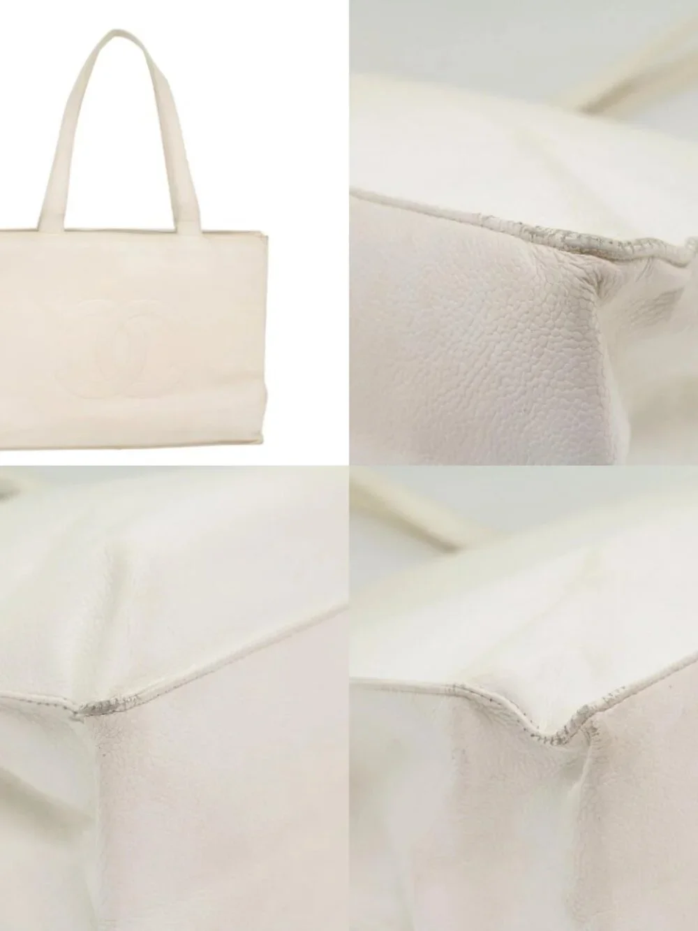 CHANEL Tote Bag Grained Calf Skin White CC Auth bs8320